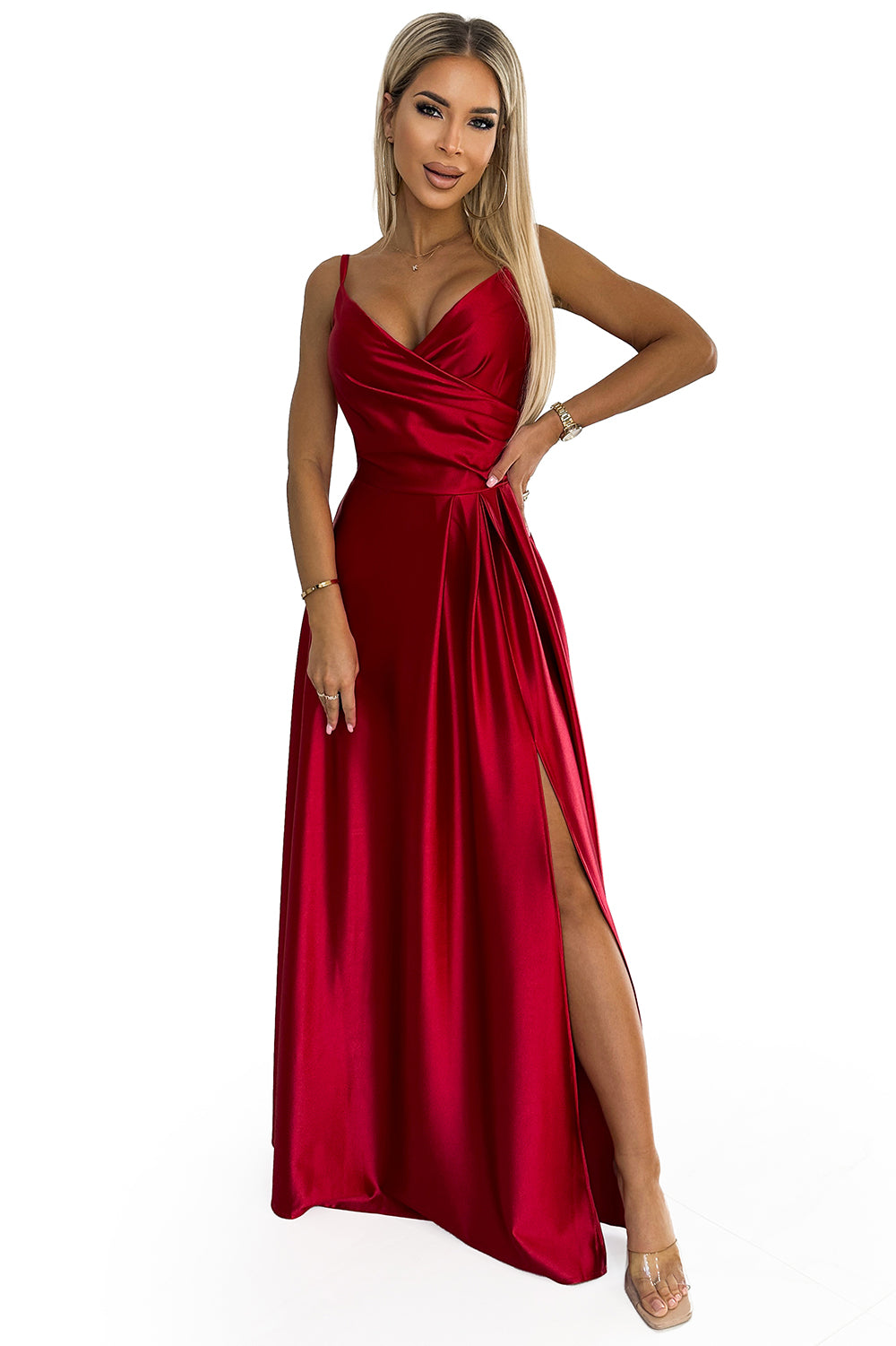 Numoco 299-14 CHIARA elegant satin maxi dress with straps - red color
