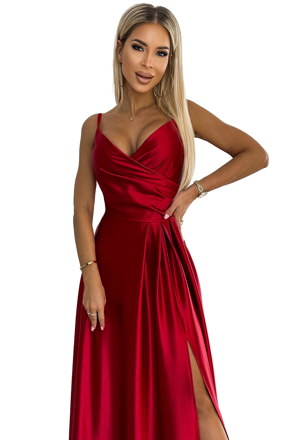Numoco 299-14 CHIARA elegant satin maxi dress with straps - red color