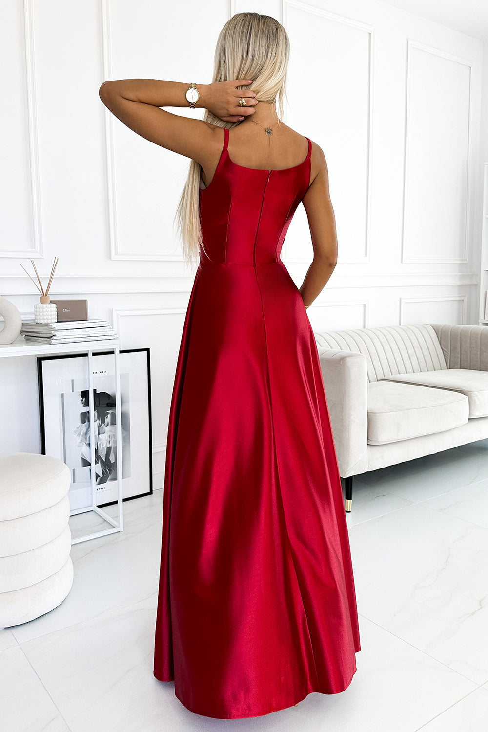 Numoco 299-14 CHIARA elegant satin maxi dress with straps - red color