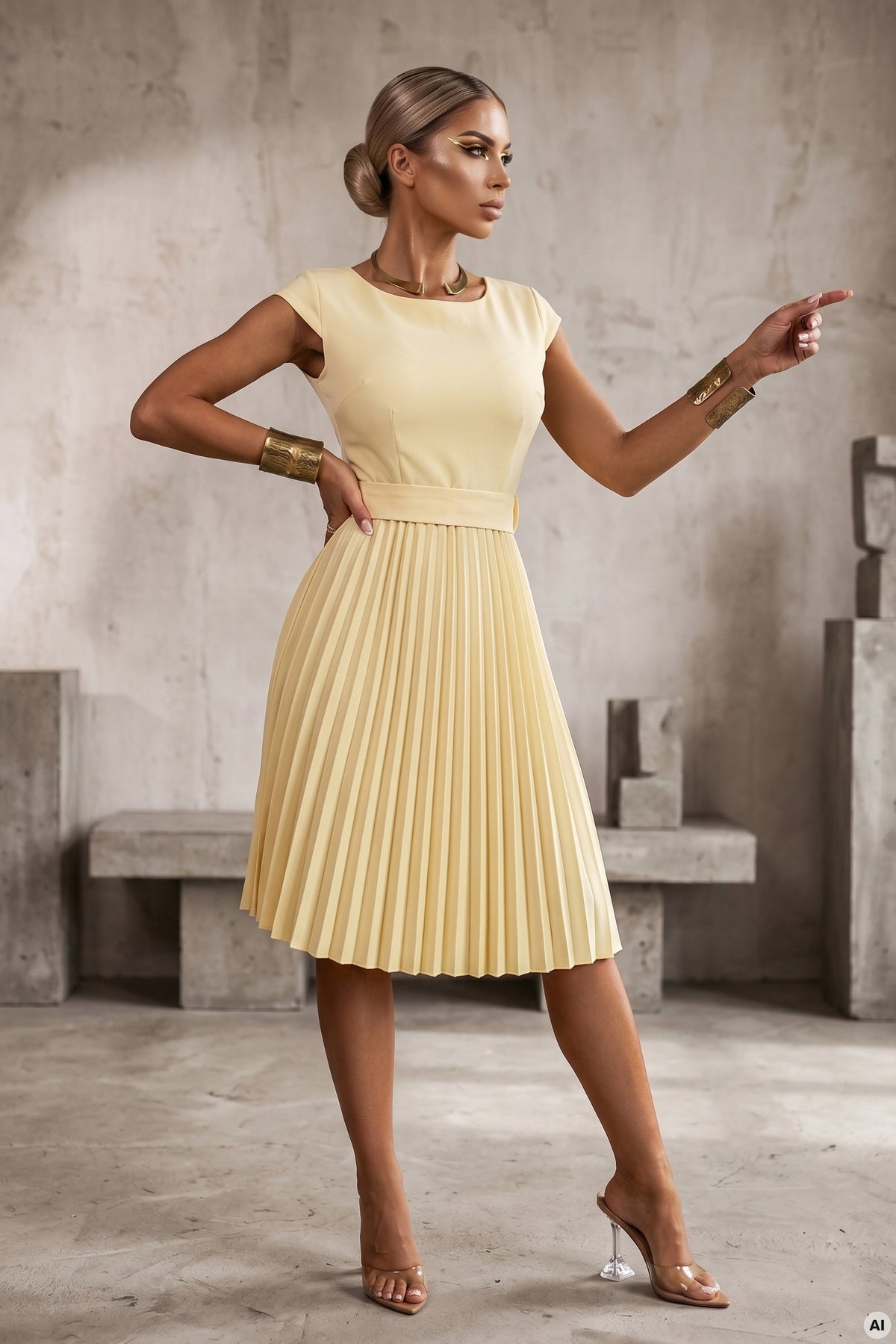 Numoco 311-21 LILA Classic pleated dress with short sleeves and a belt - butter yellow