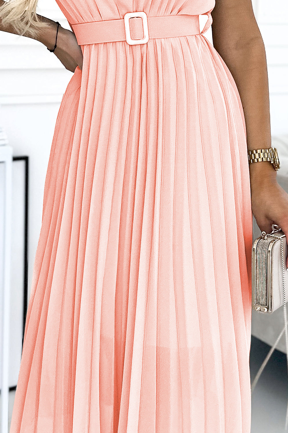 Numoco Basic 465-1 MIA Pleated midi dress with a wide belt - peach